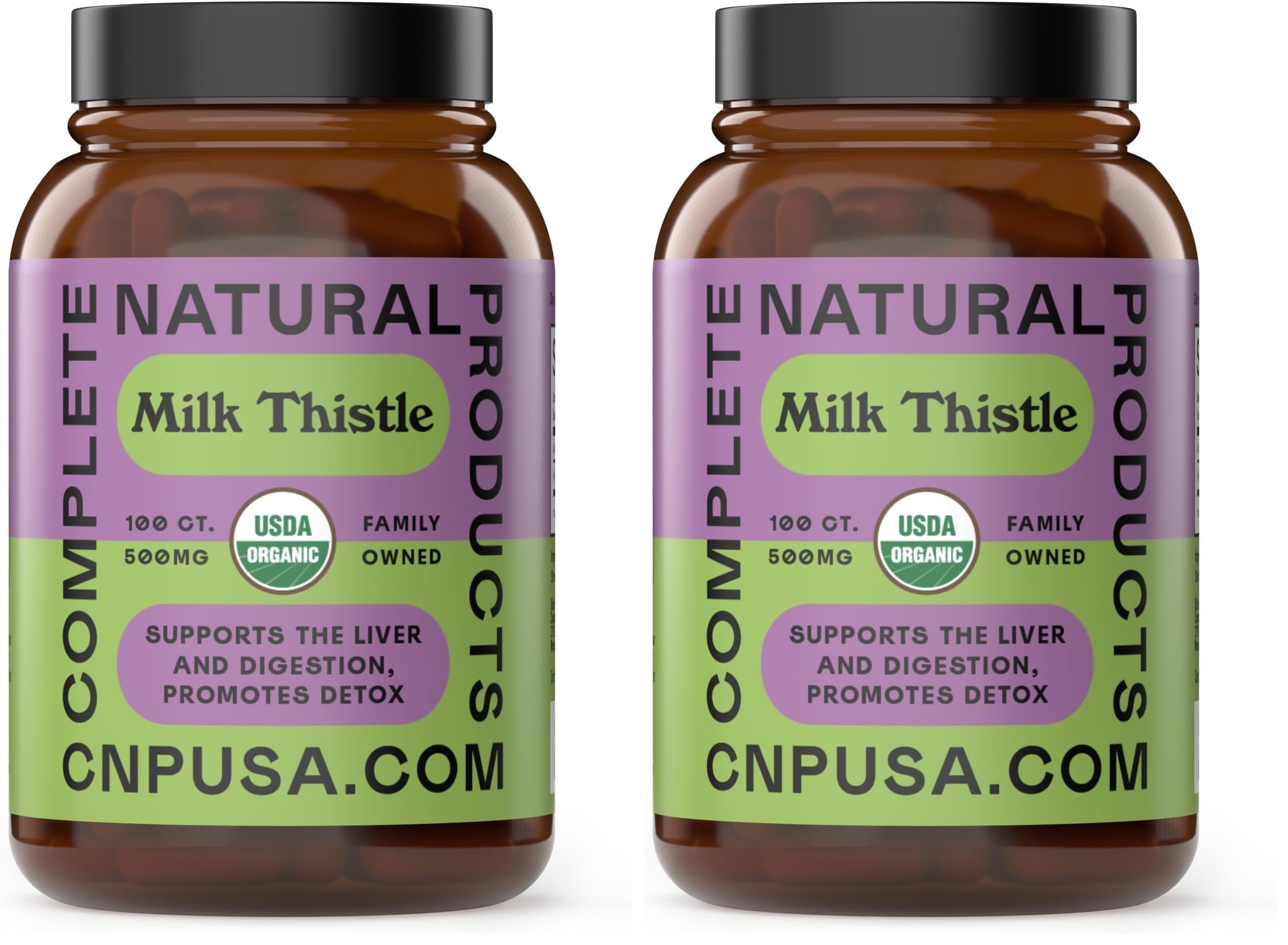 Milk thistle capsules bottle label showing 500 mg per capsule
