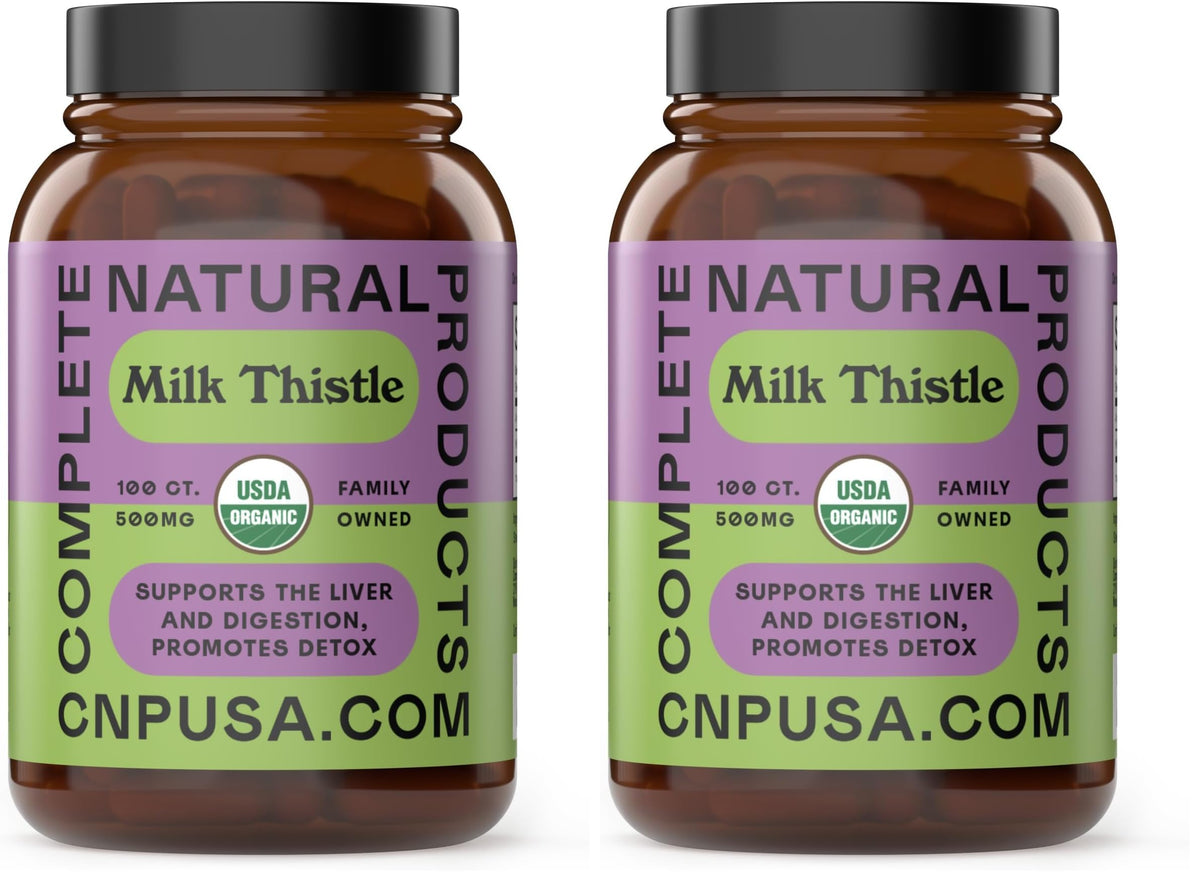 Milk thistle capsules bottle label showing 500 mg per capsule