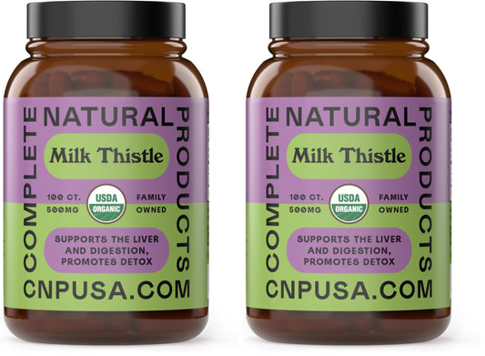 Milk thistle capsules bottle label showing 500 mg per capsule
