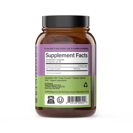 Close-up of milk thistle capsules with 500 mg per capsule