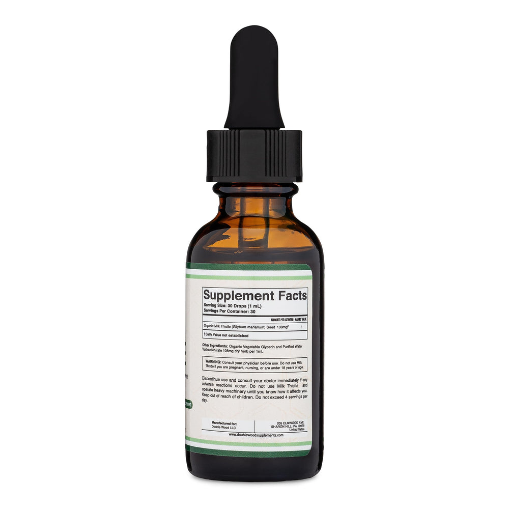 Back label on Milk Thistle Drops bottle with ingredients and dosage