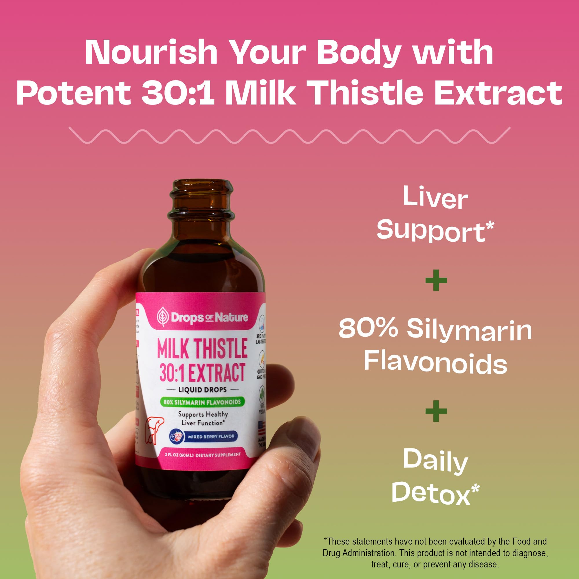 Close-up of Milk Thistle Drops bottle with 80% silymarin, Mixed Berry
