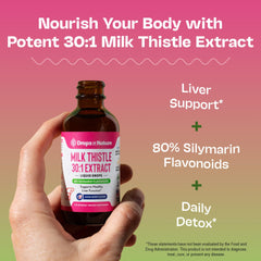 Close-up of Milk Thistle Drops bottle with 80% silymarin, Mixed Berry