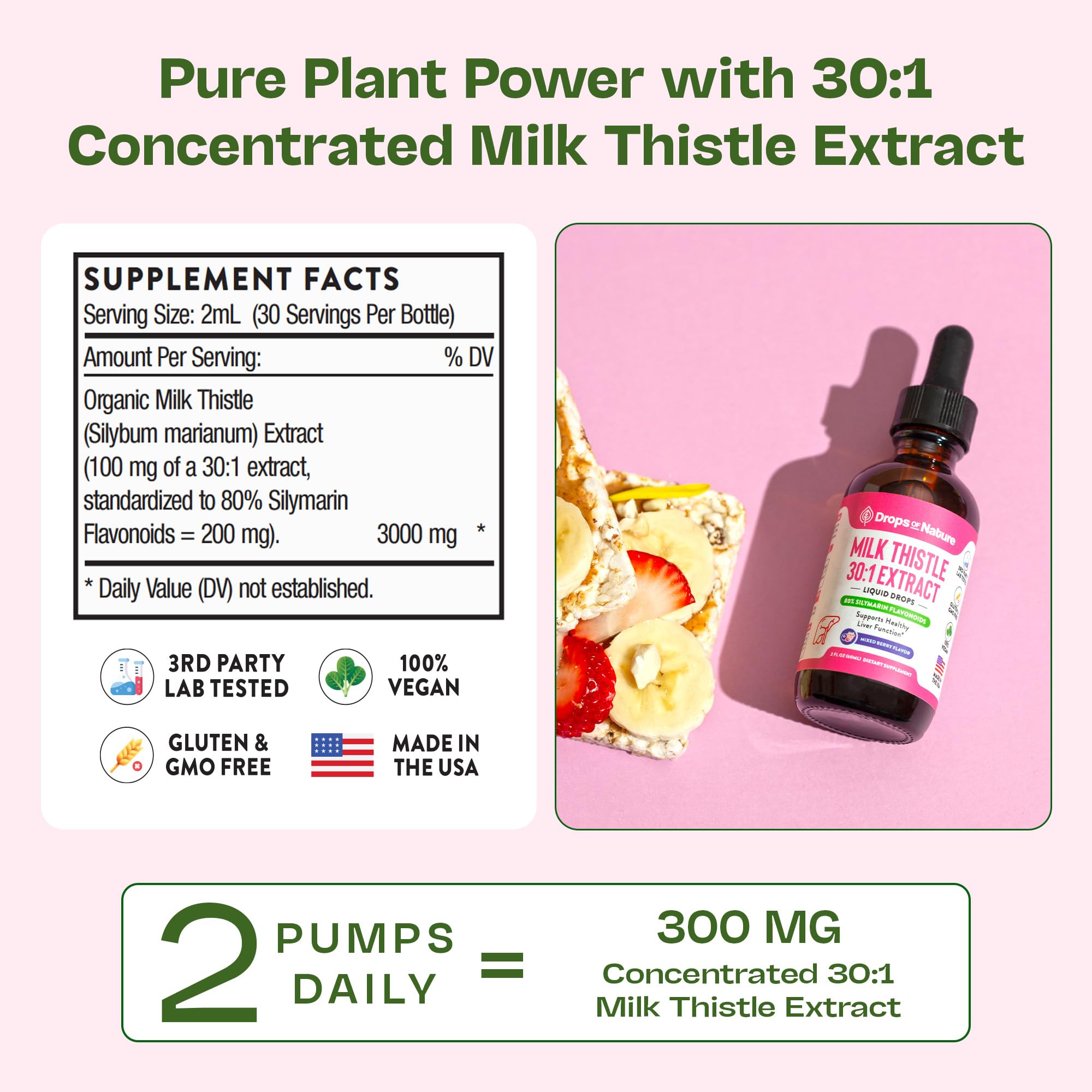 Ingredients panel of Milk Thistle Drops bottle (Mixed Berry flavor)