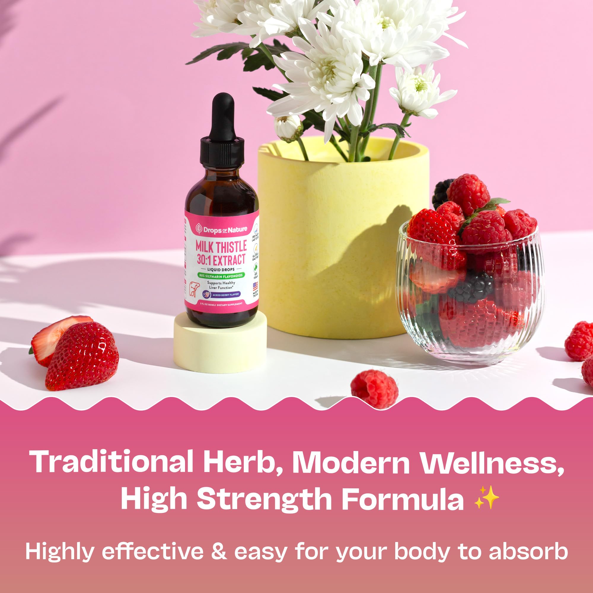 Illustration showing usage of Milk Thistle Drops (Mixed Berry flavor)