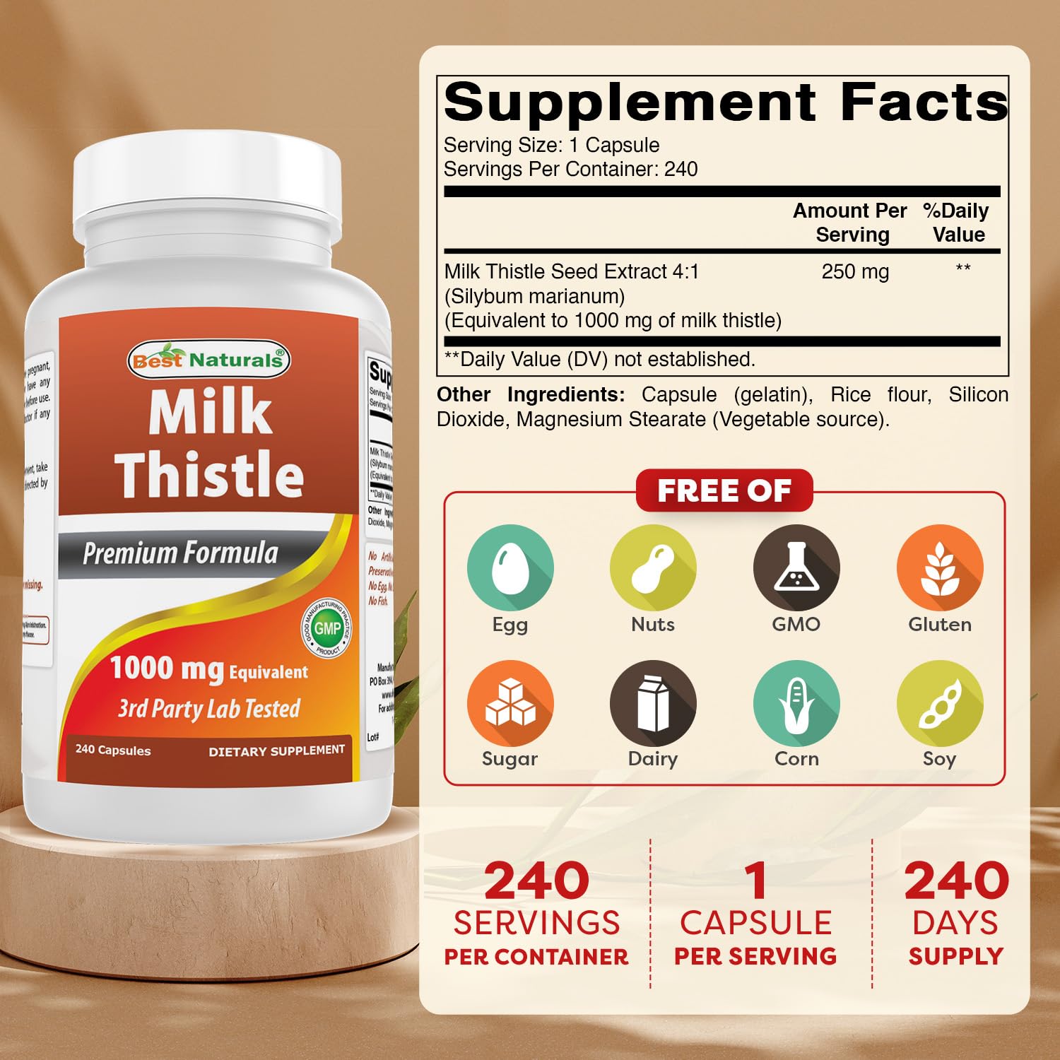 Packaging showing Best Naturals Milk Thistle Extract 1000mg - 240 capsules