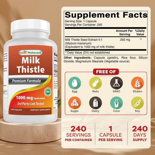 Packaging showing Best Naturals Milk Thistle Extract 1000mg - 240 capsules