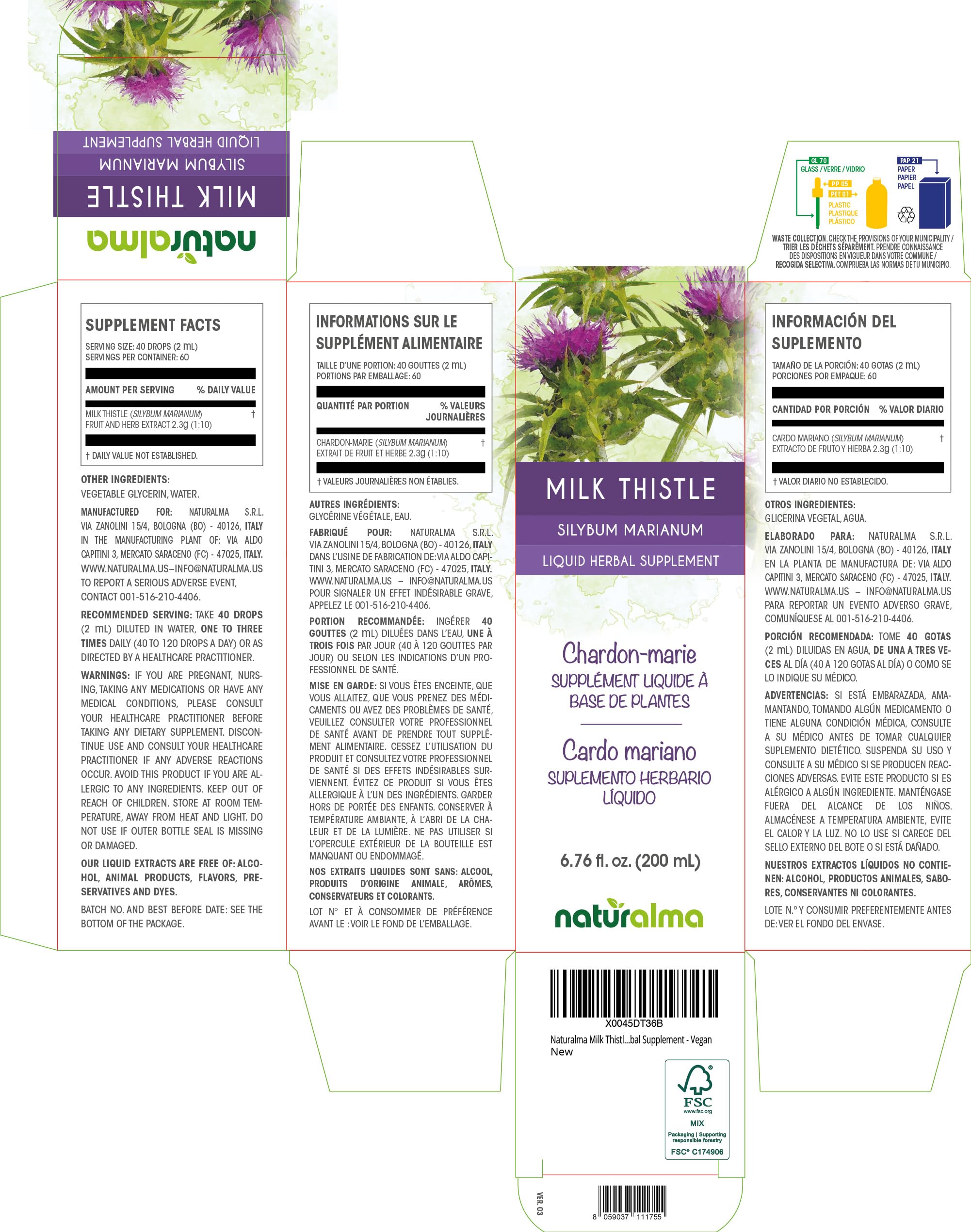 Milk Thistle liquid extract in drops showing 40 drops (2 ml) serving