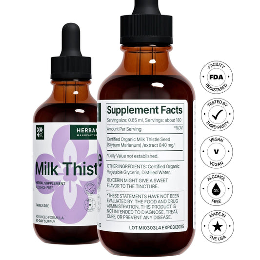 Liver support drops bottle label featuring Milk Thistle