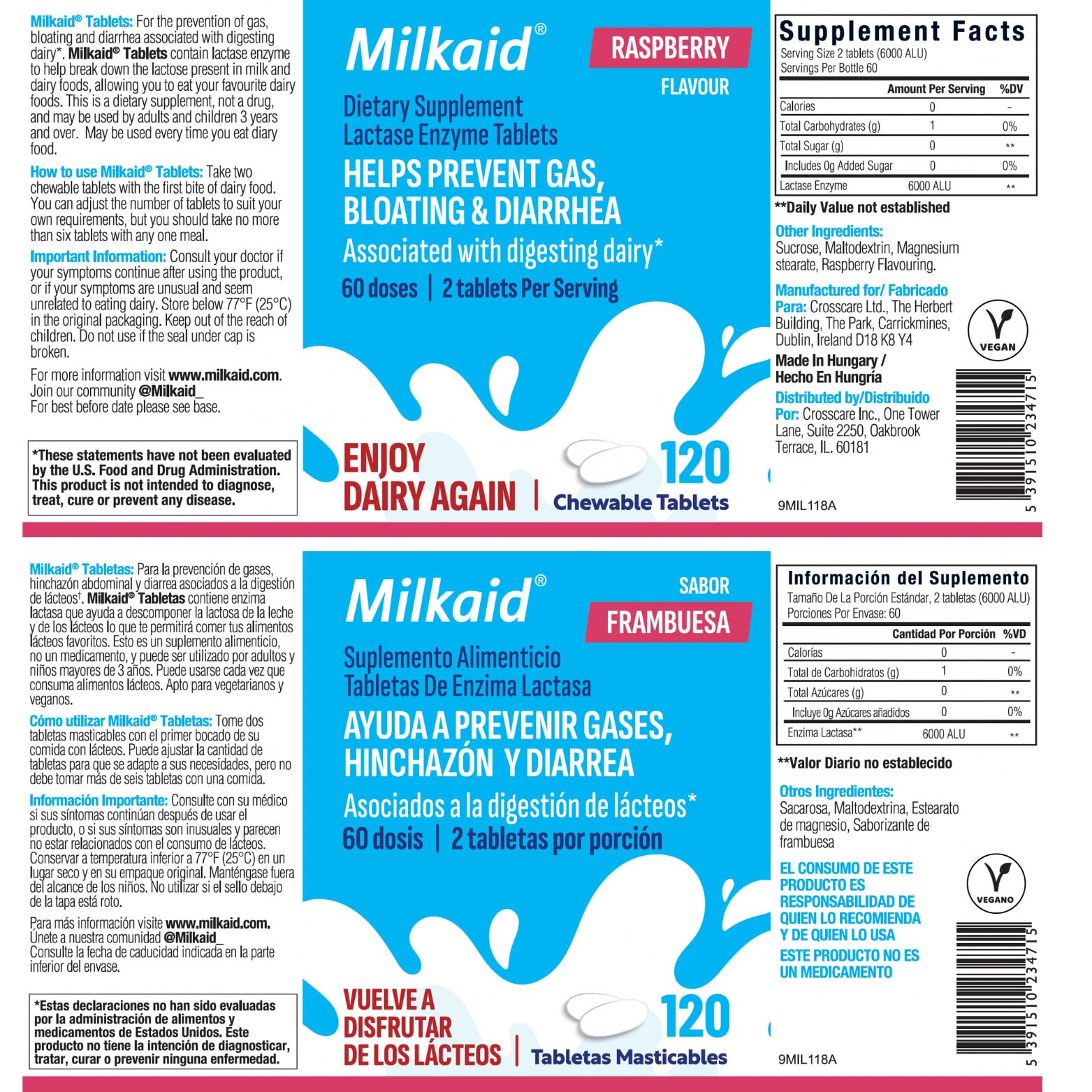 Back nutrition facts panel of Milkaid bottle