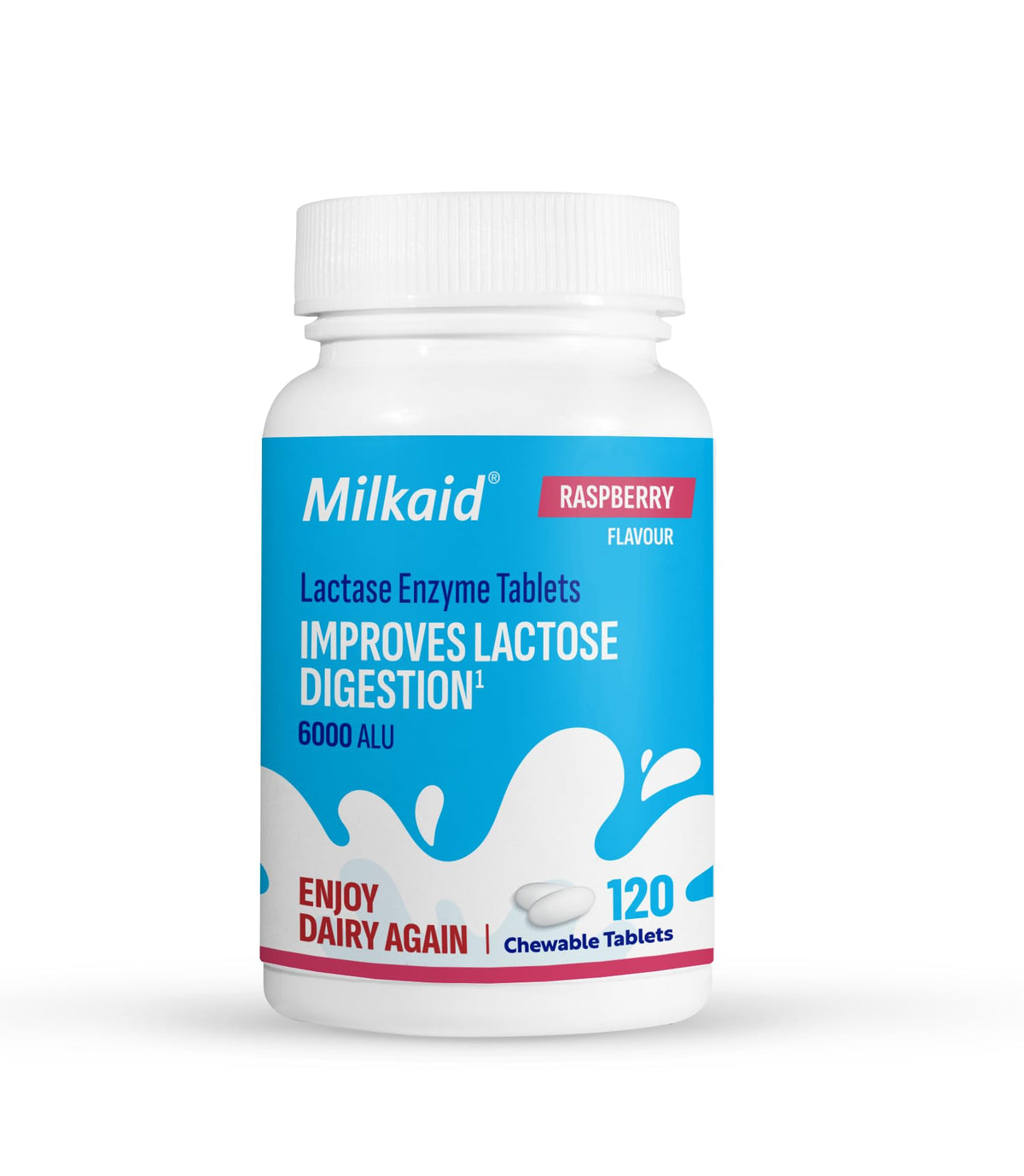 Front view of Milkaid Lactase Chewables Raspberry bottle and tablets