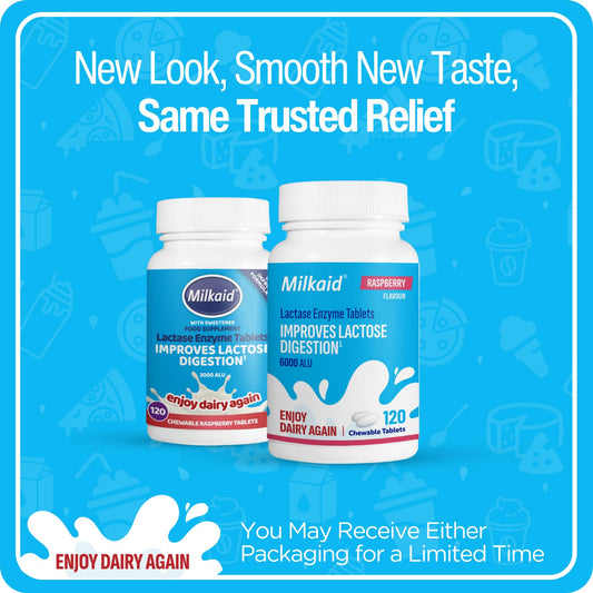 Close up of Milkaid Raspberry flavored chewable tablets