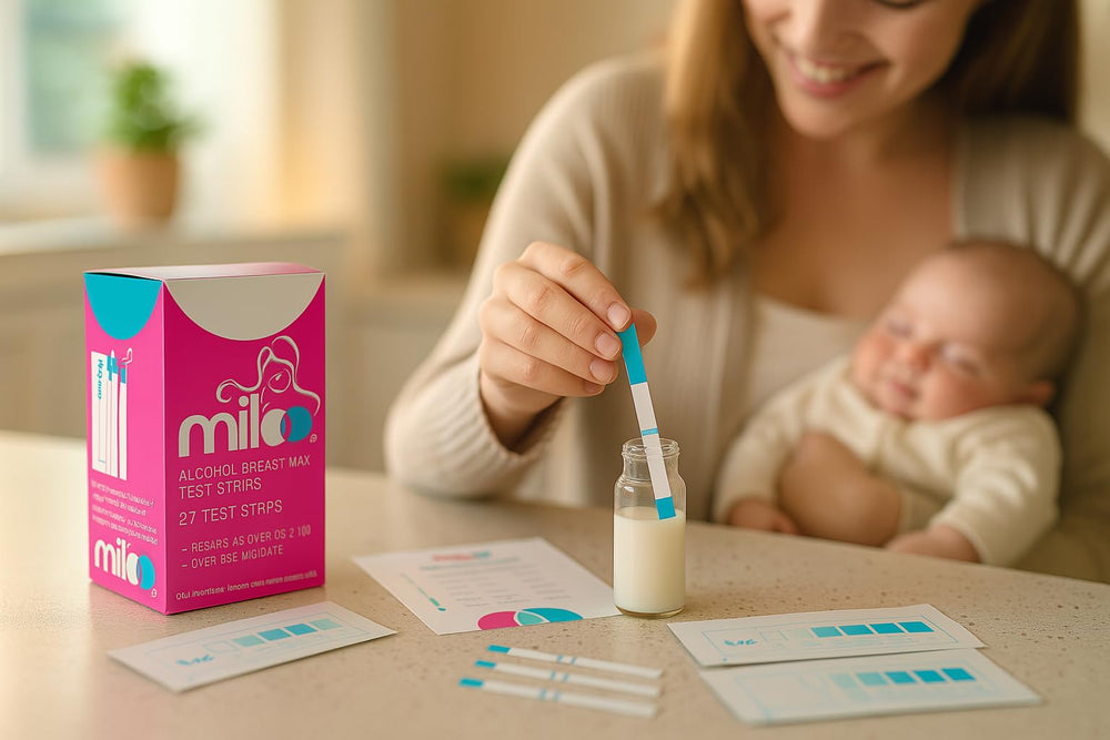 Close-up of breastmilk alcohol test strips with gradient color guide