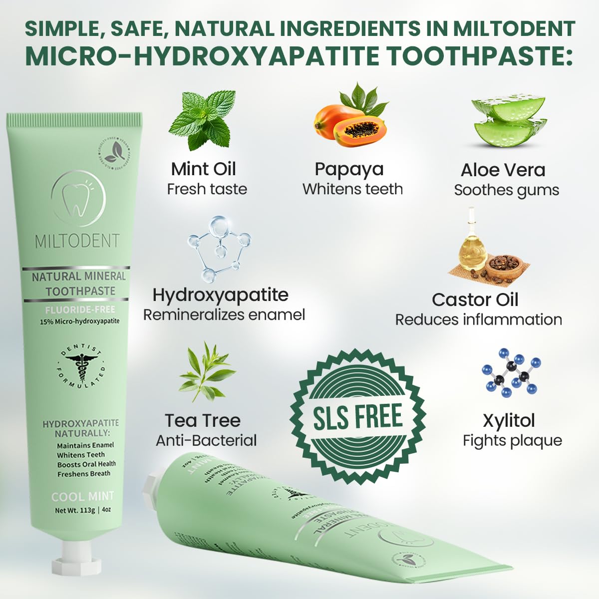 Fluoride-free and SLS-free labeling on MILTODENT toothpaste