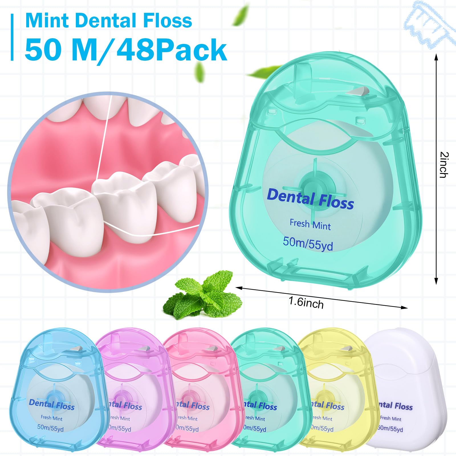 Mint-flavored dental floss bulk length shown in case