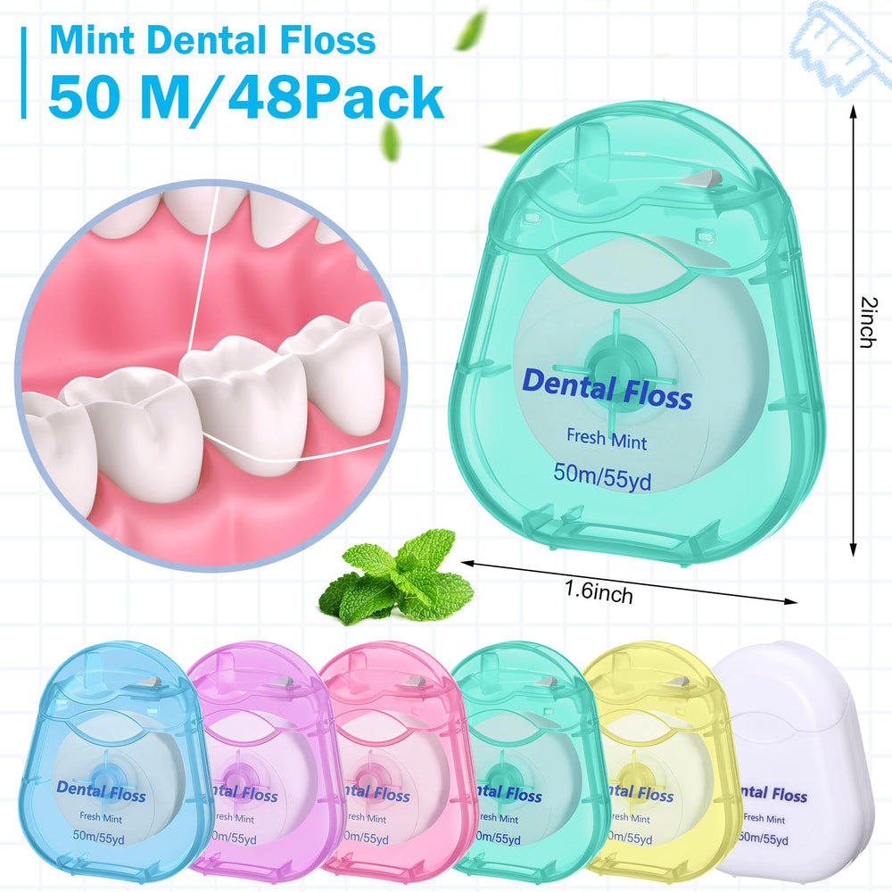 Mint-flavored dental floss bulk length shown in case