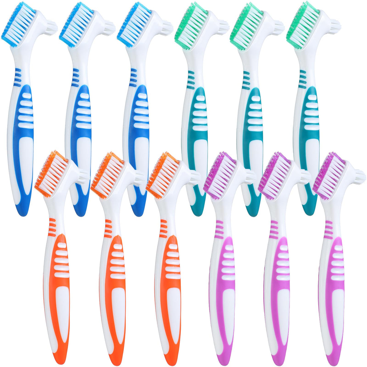 Mimorou 12-piece denture brush set in blue, green, purple, and orange