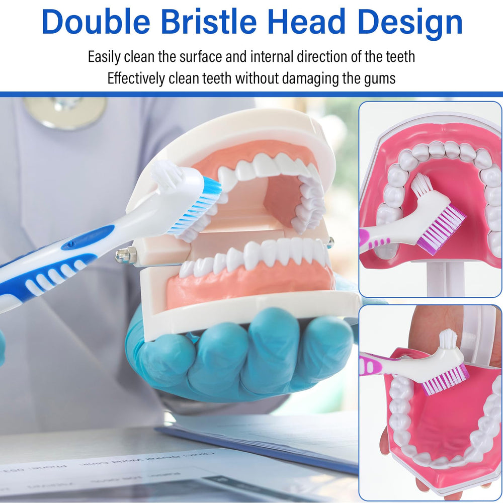 Denture brush showing soft bristles for gentle cleaning