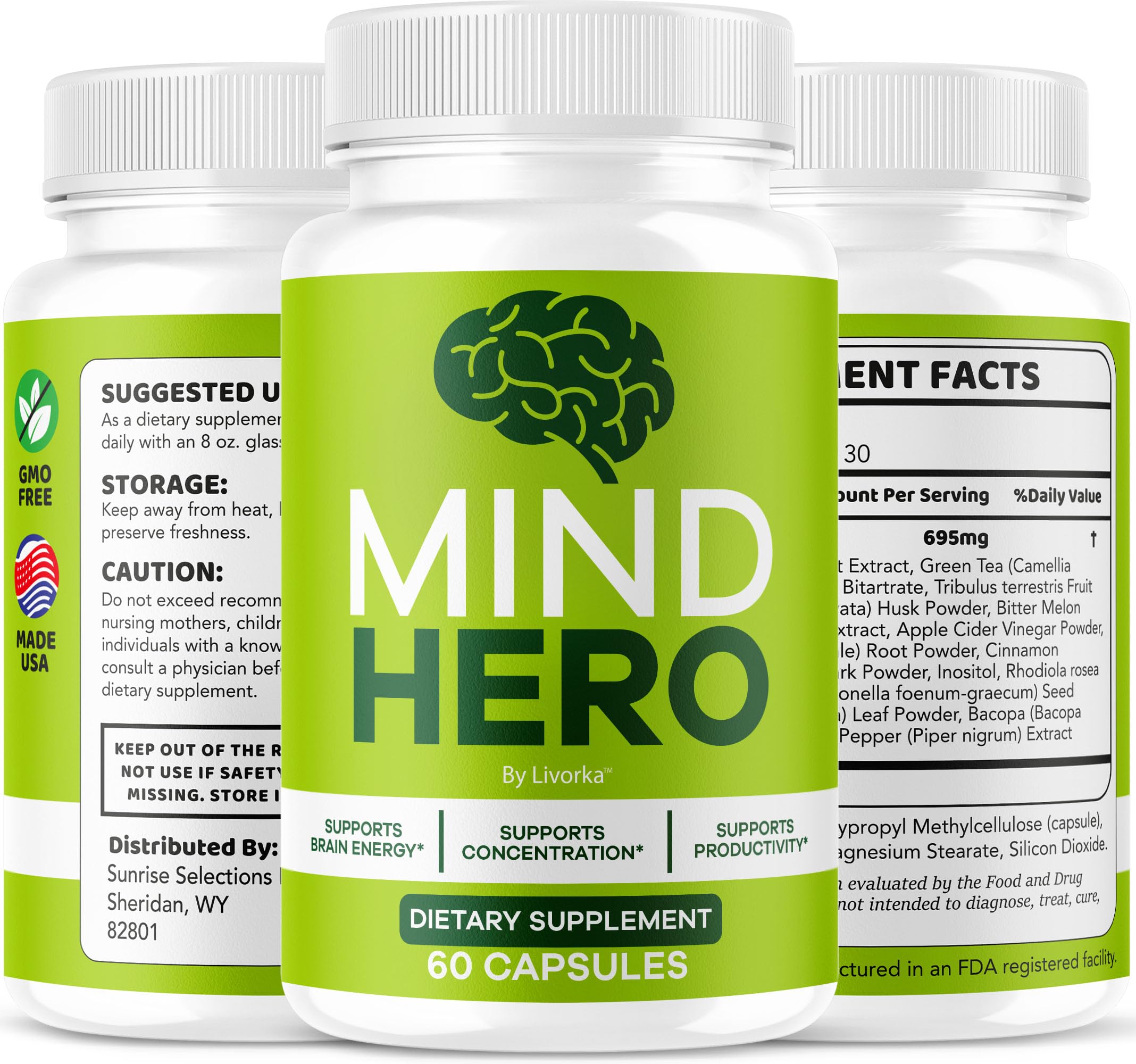 Mind Hero capsules arranged on white background
