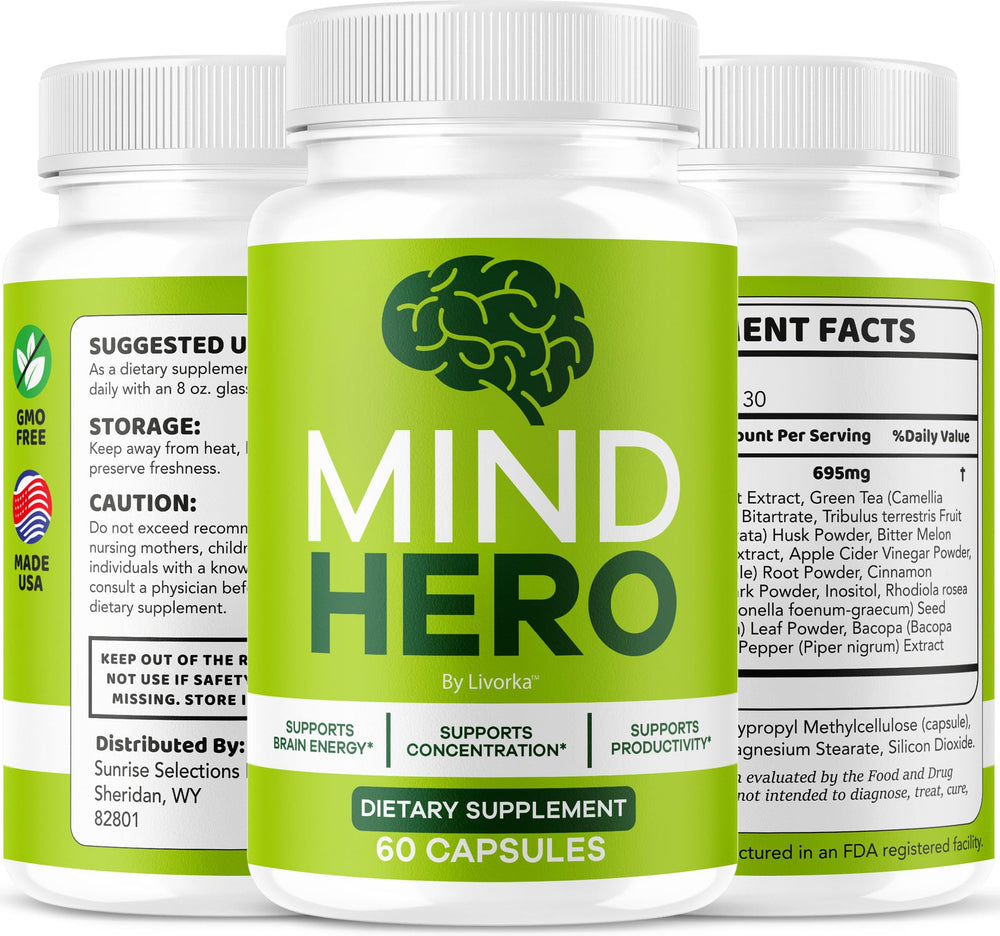 Mind Hero capsules arranged on white background