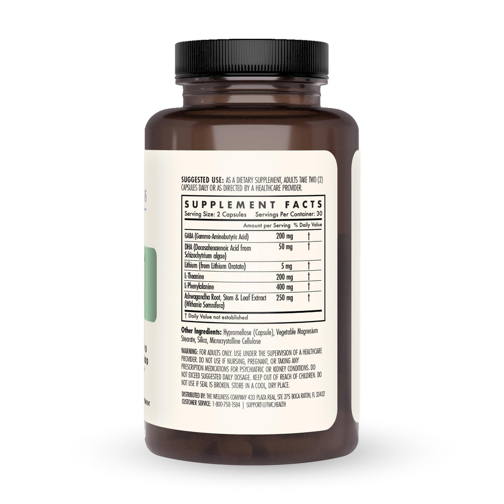 Graphic highlighting key ingredients: ashwagandha, DHA, GABA, lithium orotate