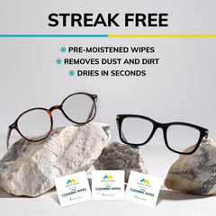Eyeglasses and sunglasses with wipes for on-the-go cleaning