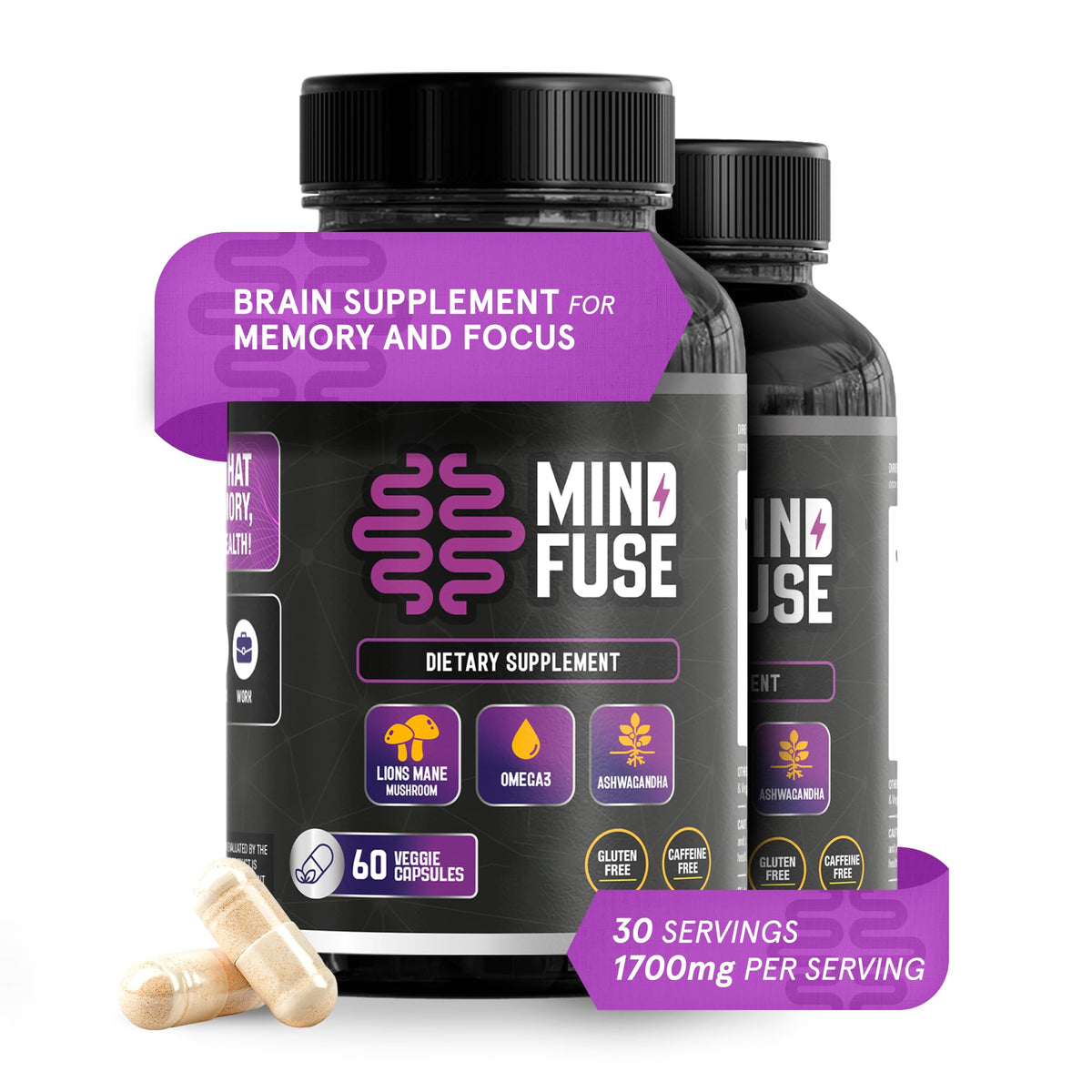 MindFuse Nootropic Memory Booster 2-Pack (120 capsules) with Lion's Mane, Ashwagandha, Omega-3 & L-Theanine