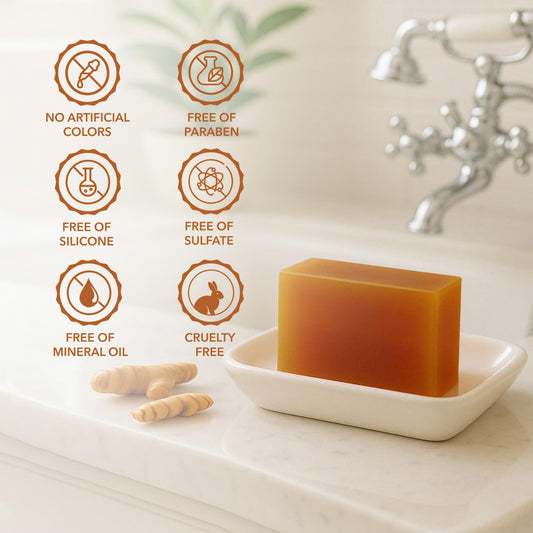 Mine Turmeric Kojic Acid Soap Bar closeup texture shows creamy cleanse.