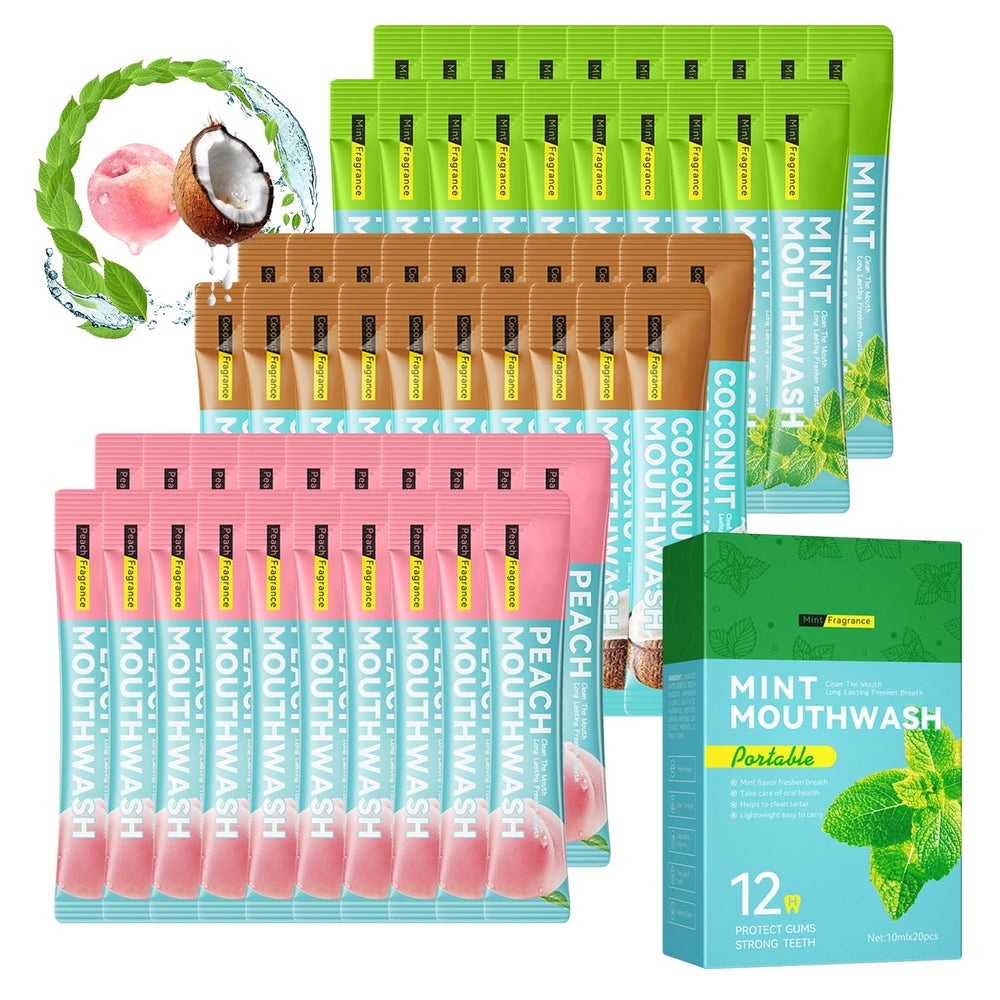 Main image: Mini Mouthwash Kit showing three flavors (coconut, peach, mint)