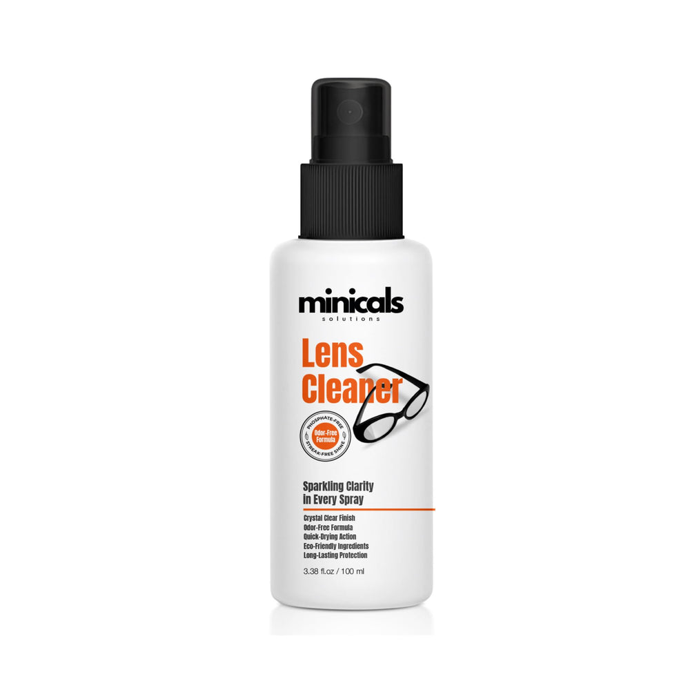 Compact lens cleaner kit showing spray bottle and microfiber cloth stored under lid