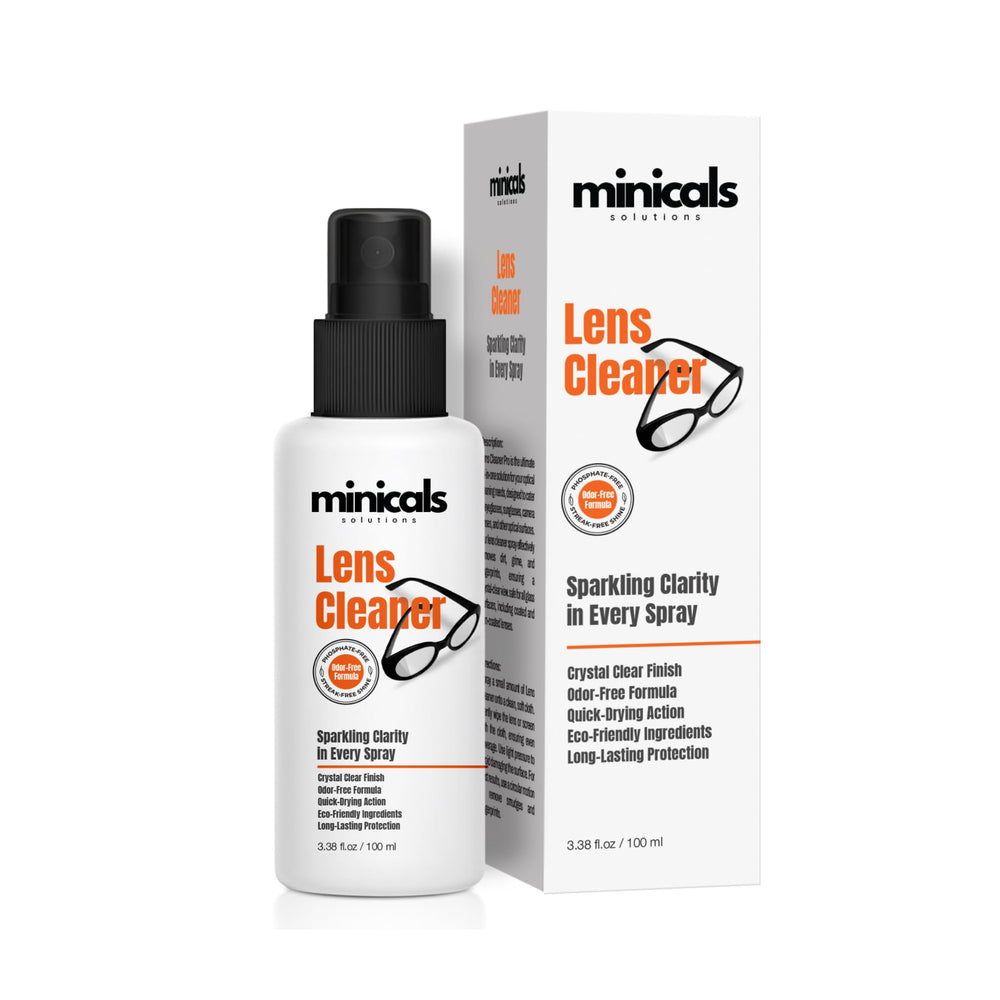 MINICALS eyeglass cleaner spray with built-in microfiber cloth in compact kit