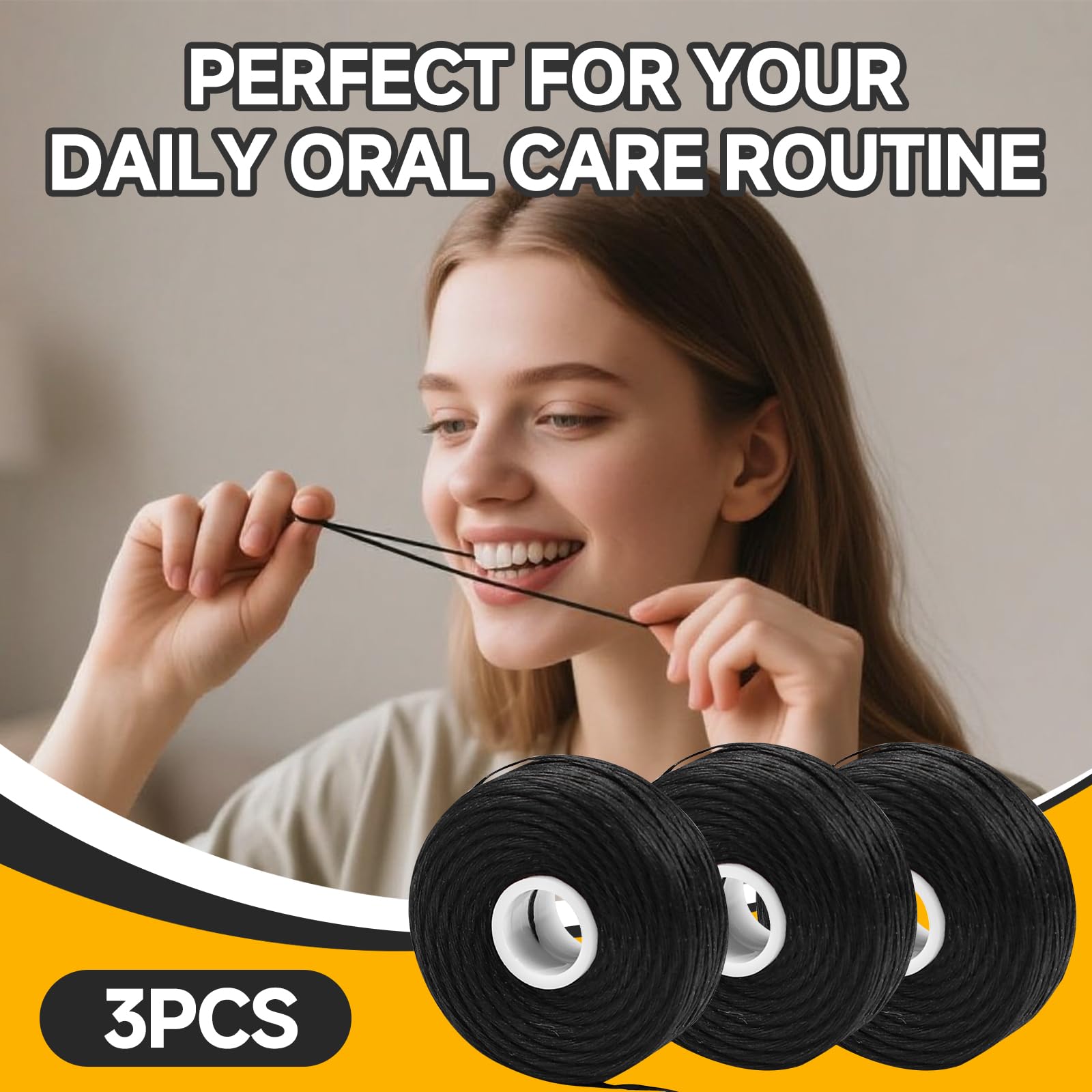 Person smiling after using bamboo charcoal floss refill