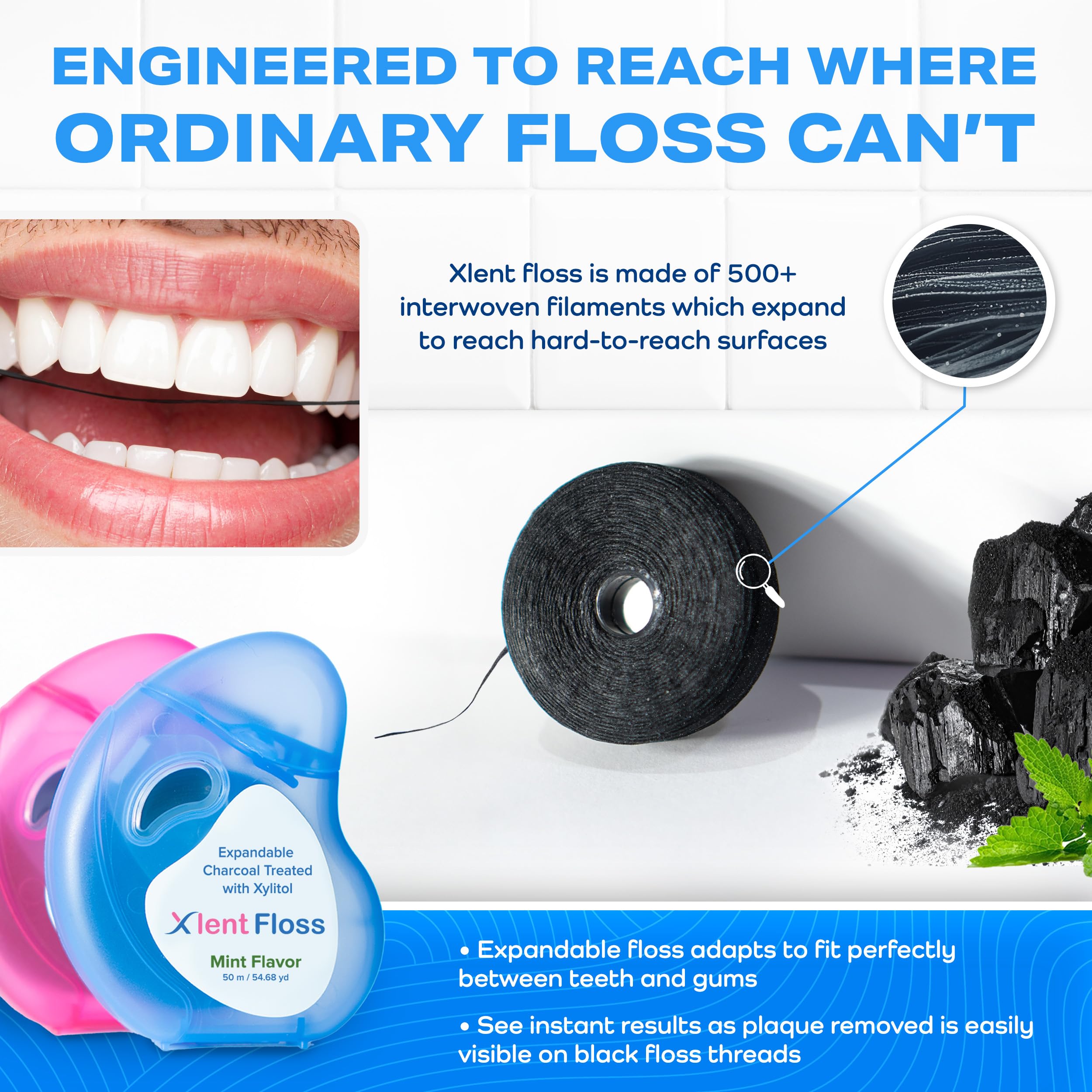 Mint flavored floss with activated charcoal