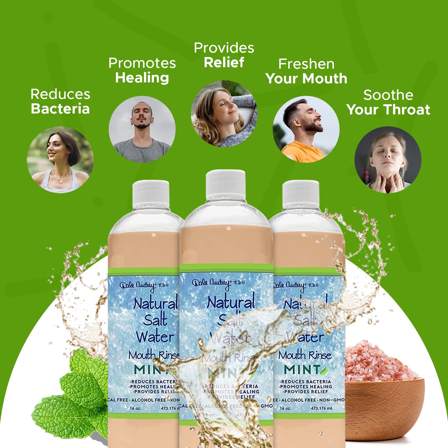 Mint-flavored mouthwash bottle with fresh breath branding