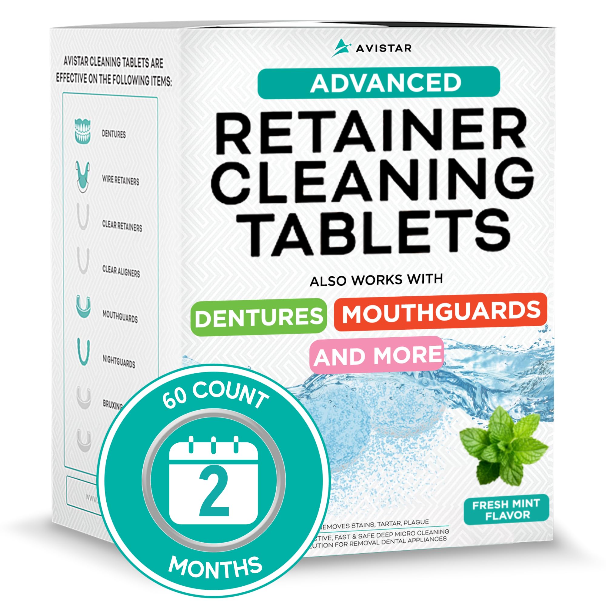 Mint flavor retainer cleaner tablets dissolving in water