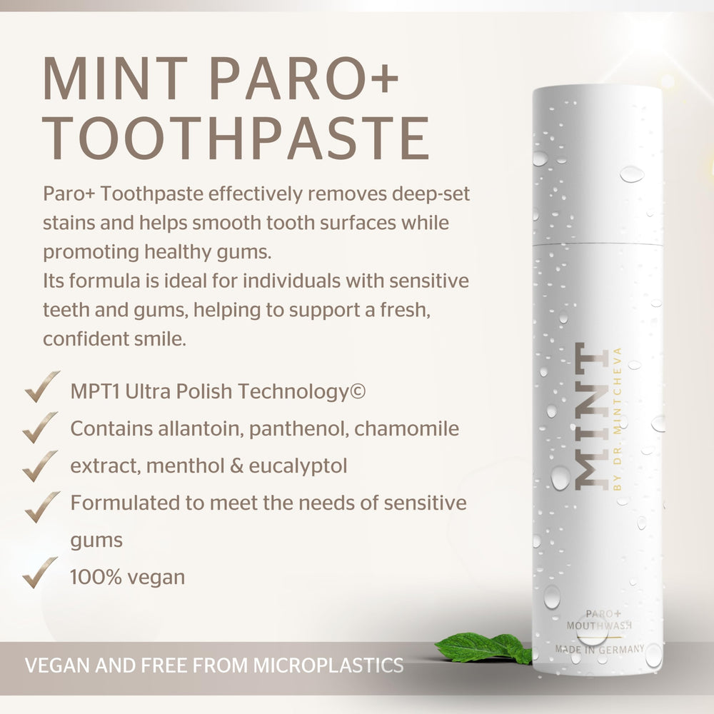 Person smiling with healthy teeth after using MINT PARO+