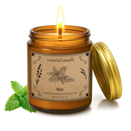 Mint soy wax candle in a 16oz amber jar