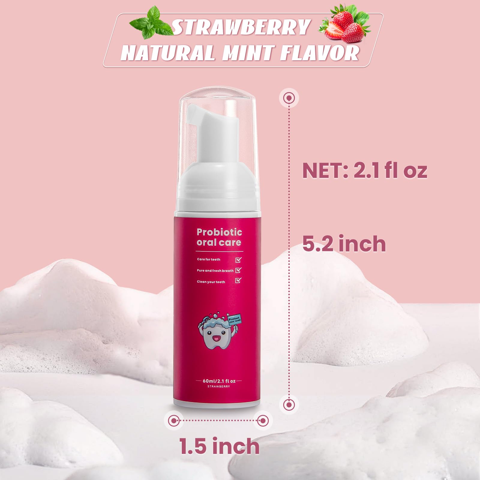 Close-up of mint strawberry foam toothpaste penetrating enamel crevices