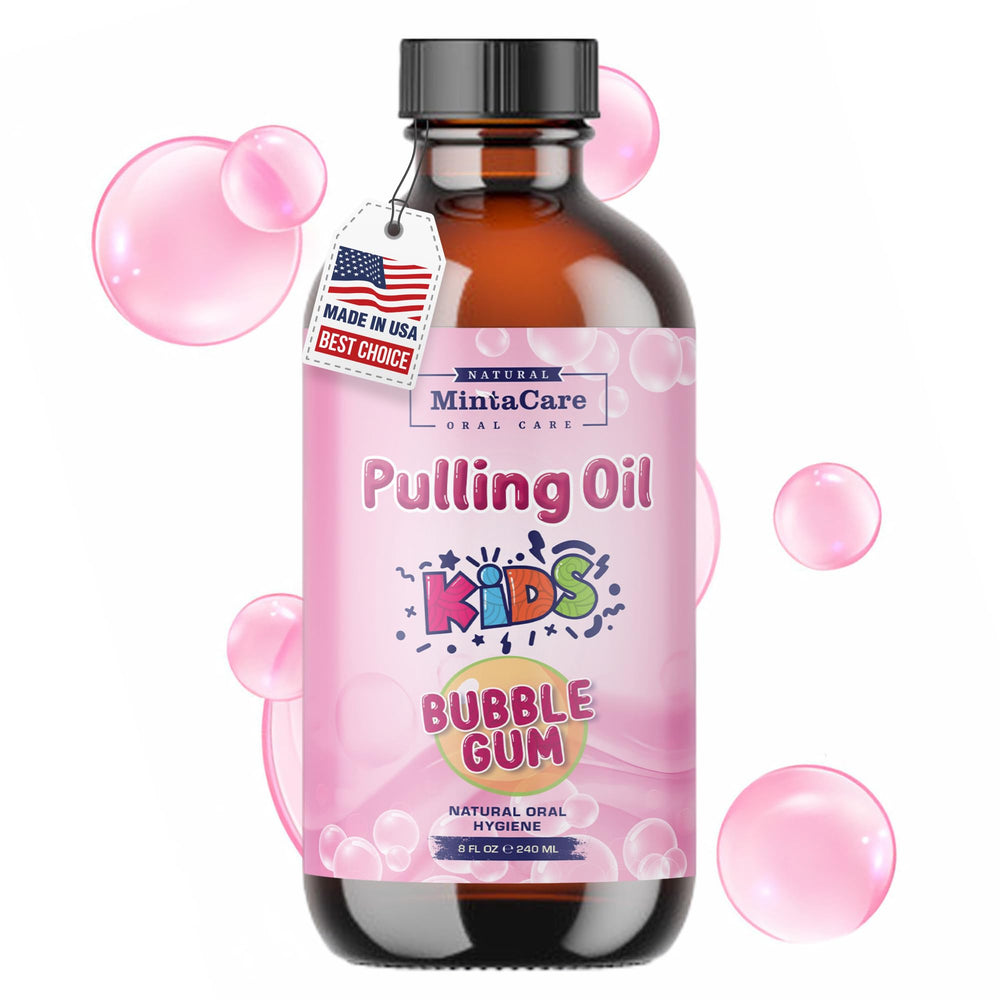 Mintacare 8oz oil pulling bottle for kids with bubble gum flavor