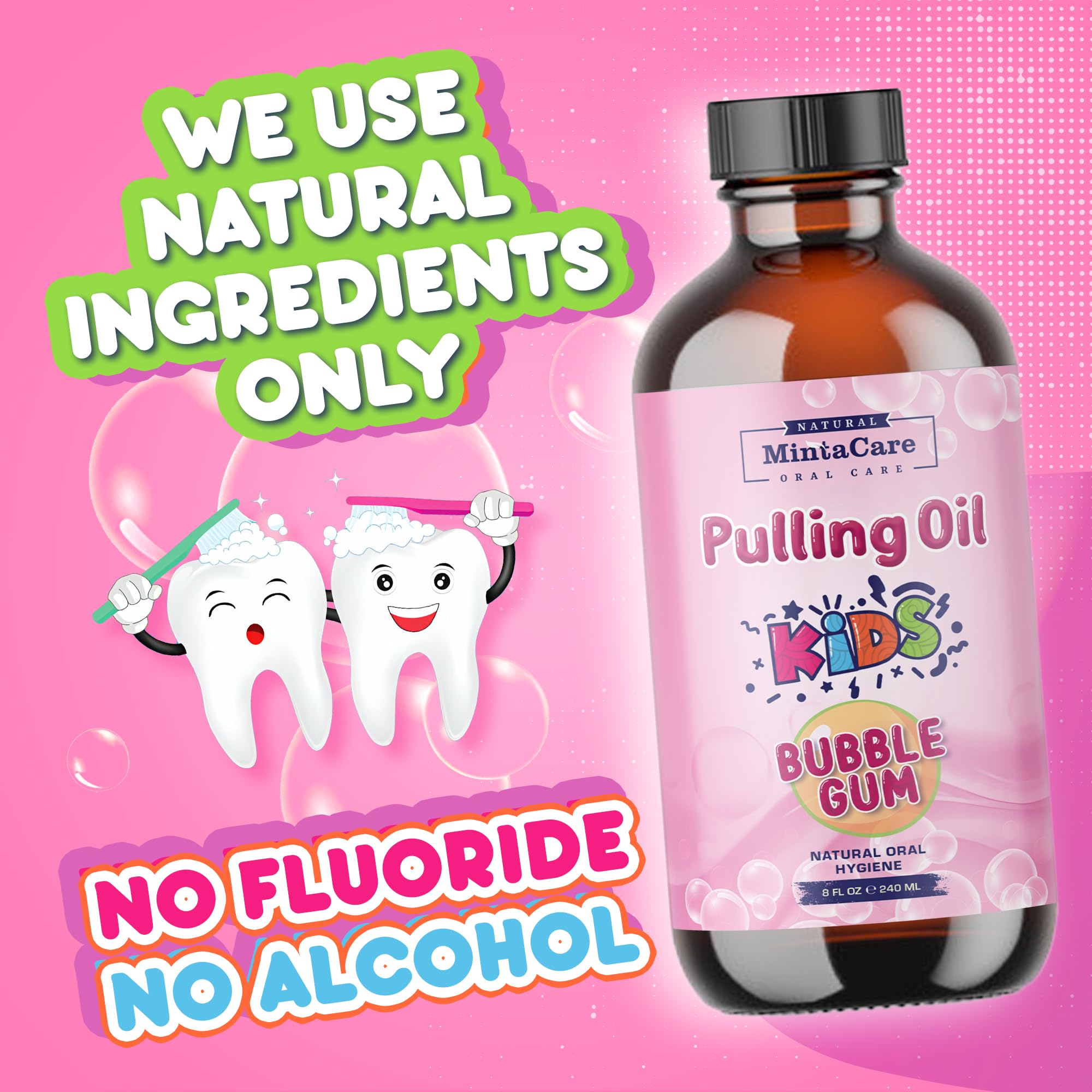 Bubble gum flavored oil pulling mouthwash for kids