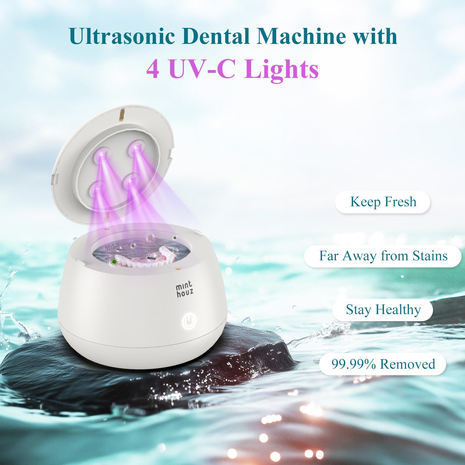 Unit opened to reveal four UV lamps for deep cleaning
