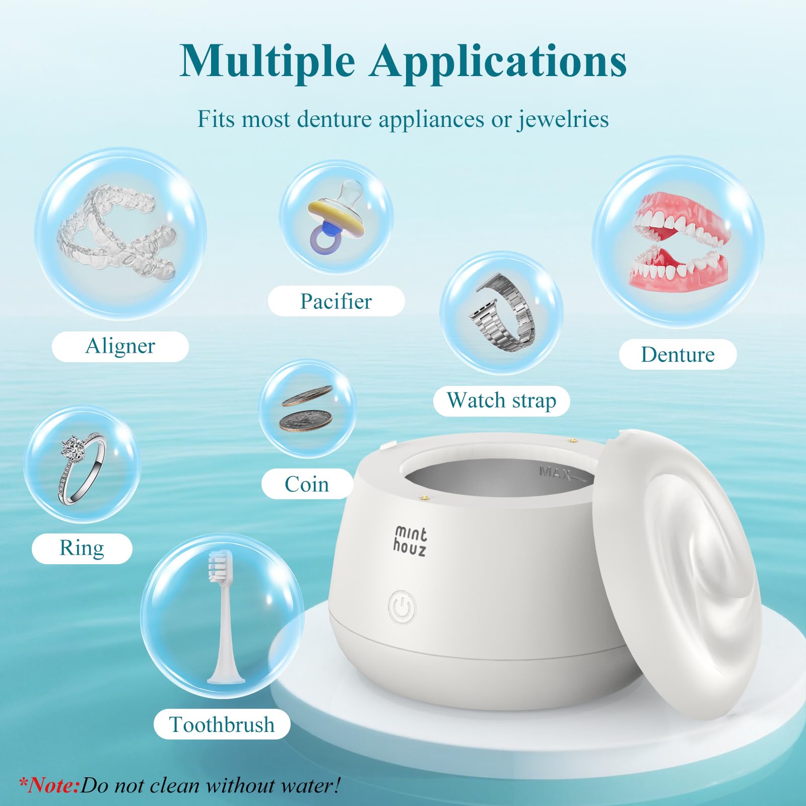 Cleans retainers, dentures, aligners, mouth guards and jewelry