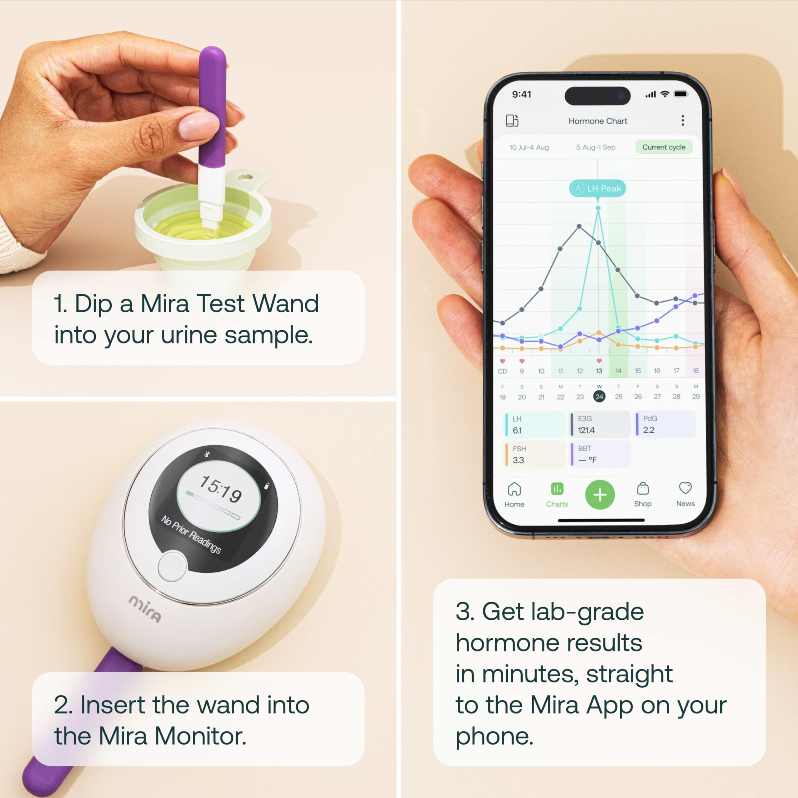 Mira Fertility App interface showing hormone readings