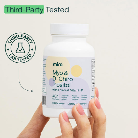 Close-up of MIRA PCOS packaging highlighting the 40:1 ratio