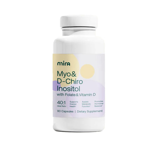 MIRA PCOS supplement bottle with 90 capsules and 40:1 Myo-Inositol to D-Chiro Inositol mix