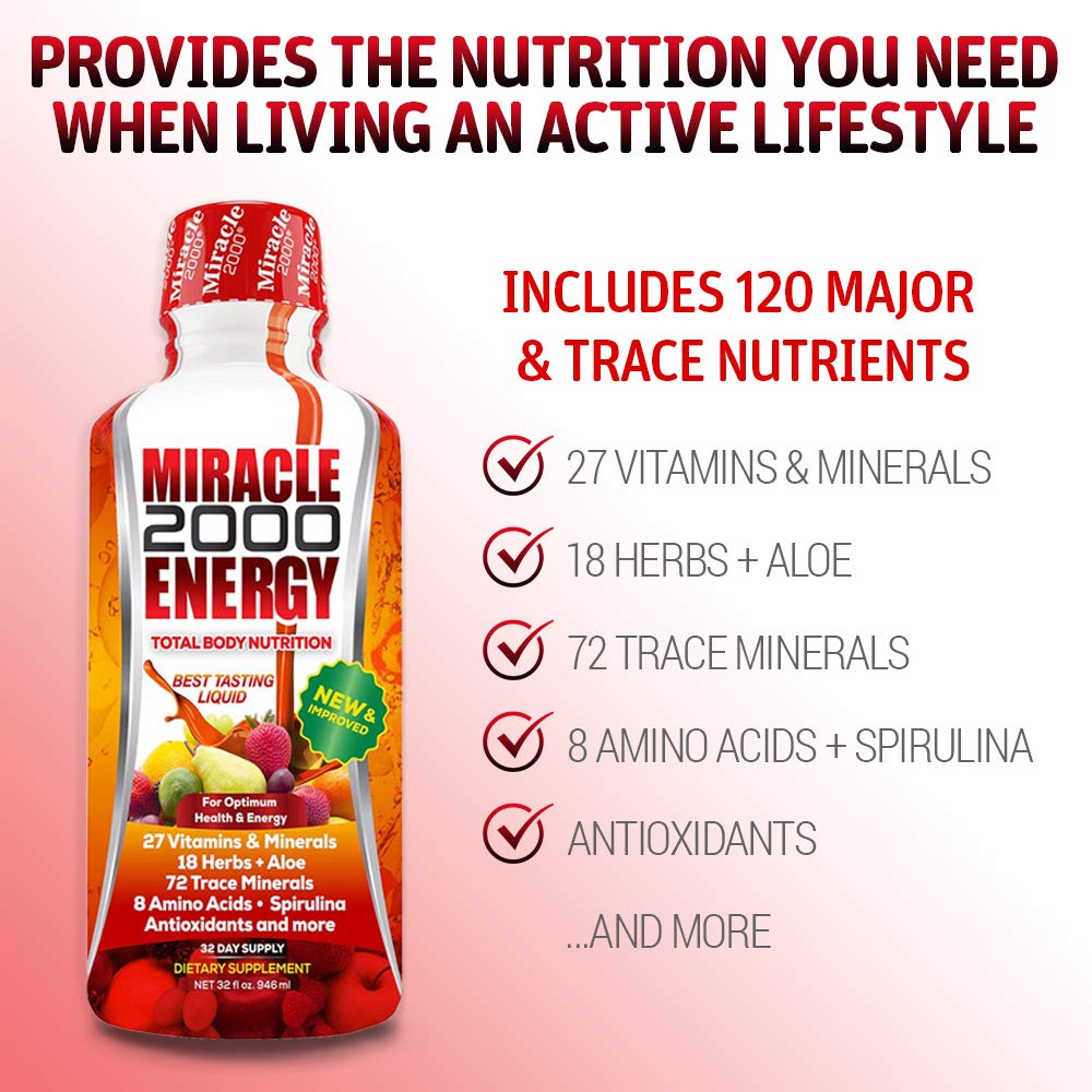 Ingredient list for Miracle 2000 including vitamins minerals spirulina antioxidants and aloe