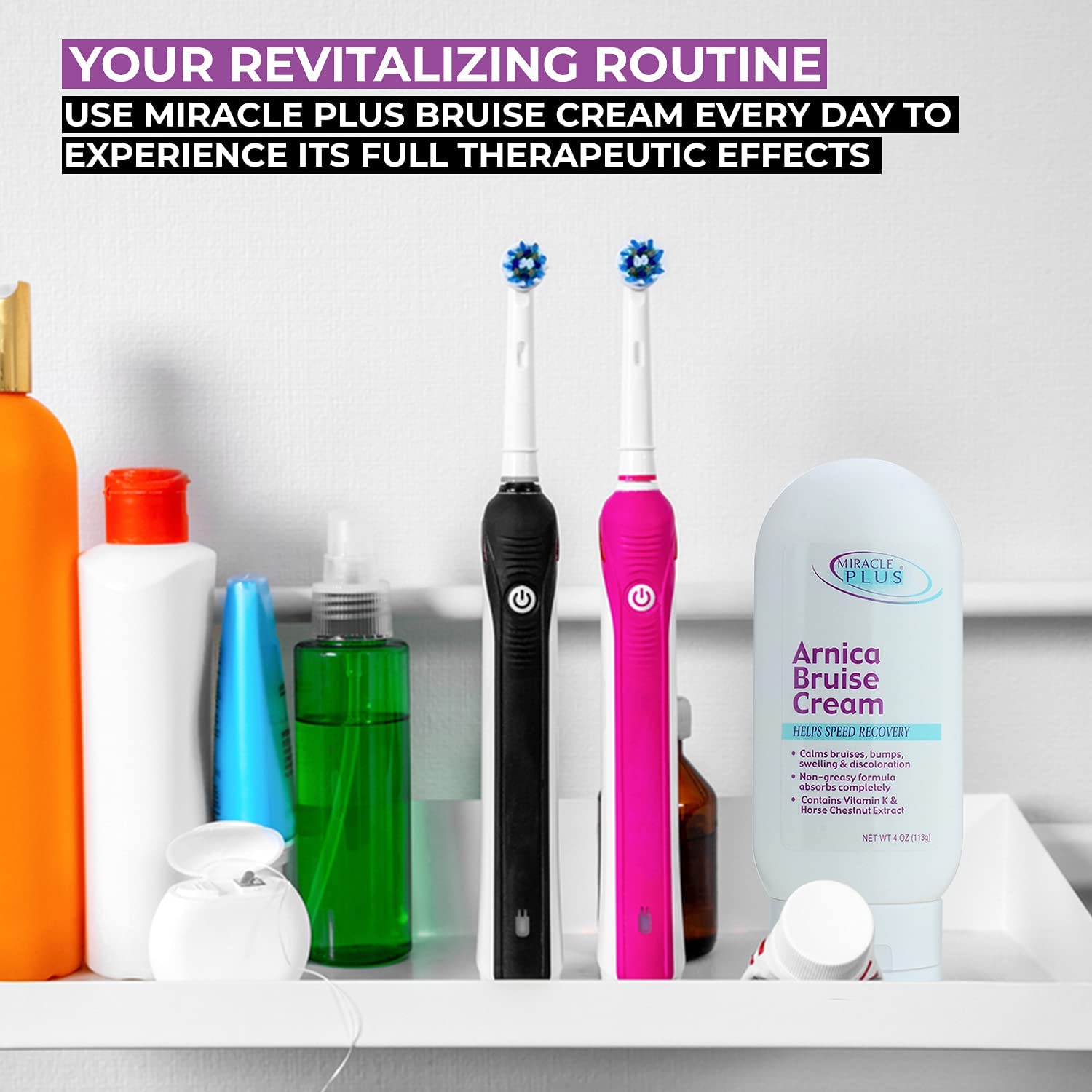 Miracle Plus Arnica Cream application on hand demonstrates quick, even distribution.