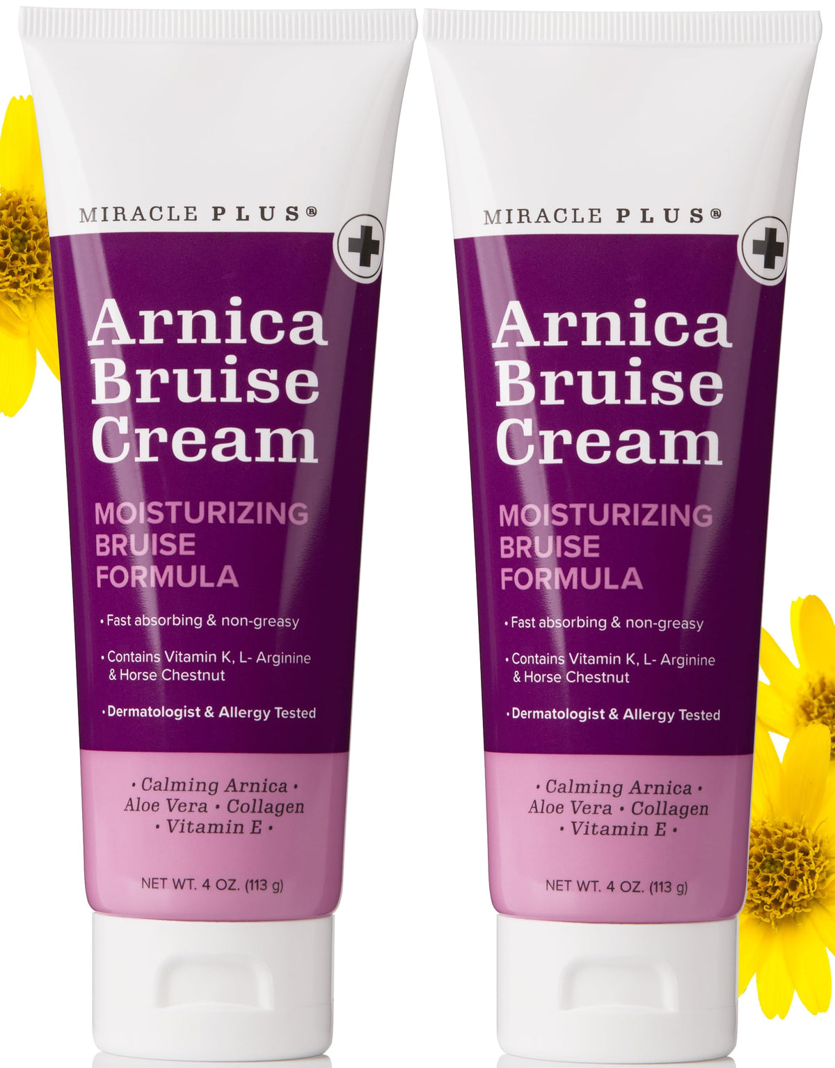 Miracle Plus Arnica Cream bottle highlights bruise relief and skin hydration benefits.