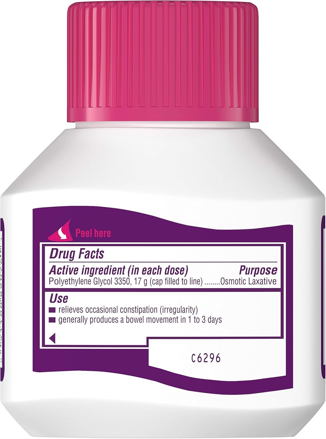 MiraLAX bottle marketed as nonstimulant option for gentle relief.