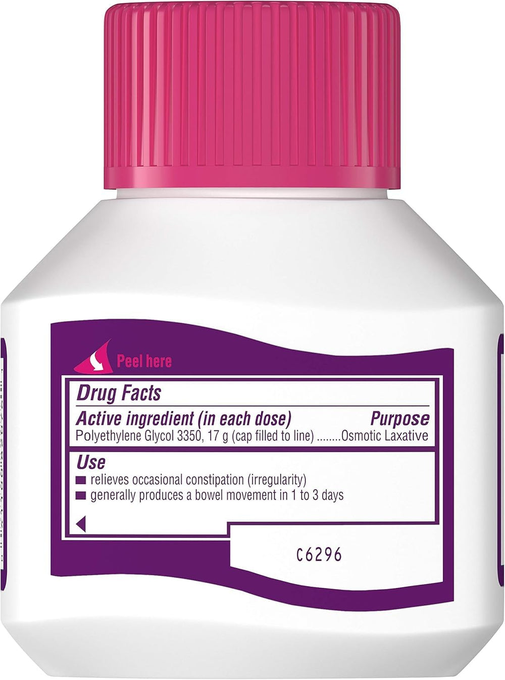 MiraLAX bottle marketed as nonstimulant option for gentle relief.